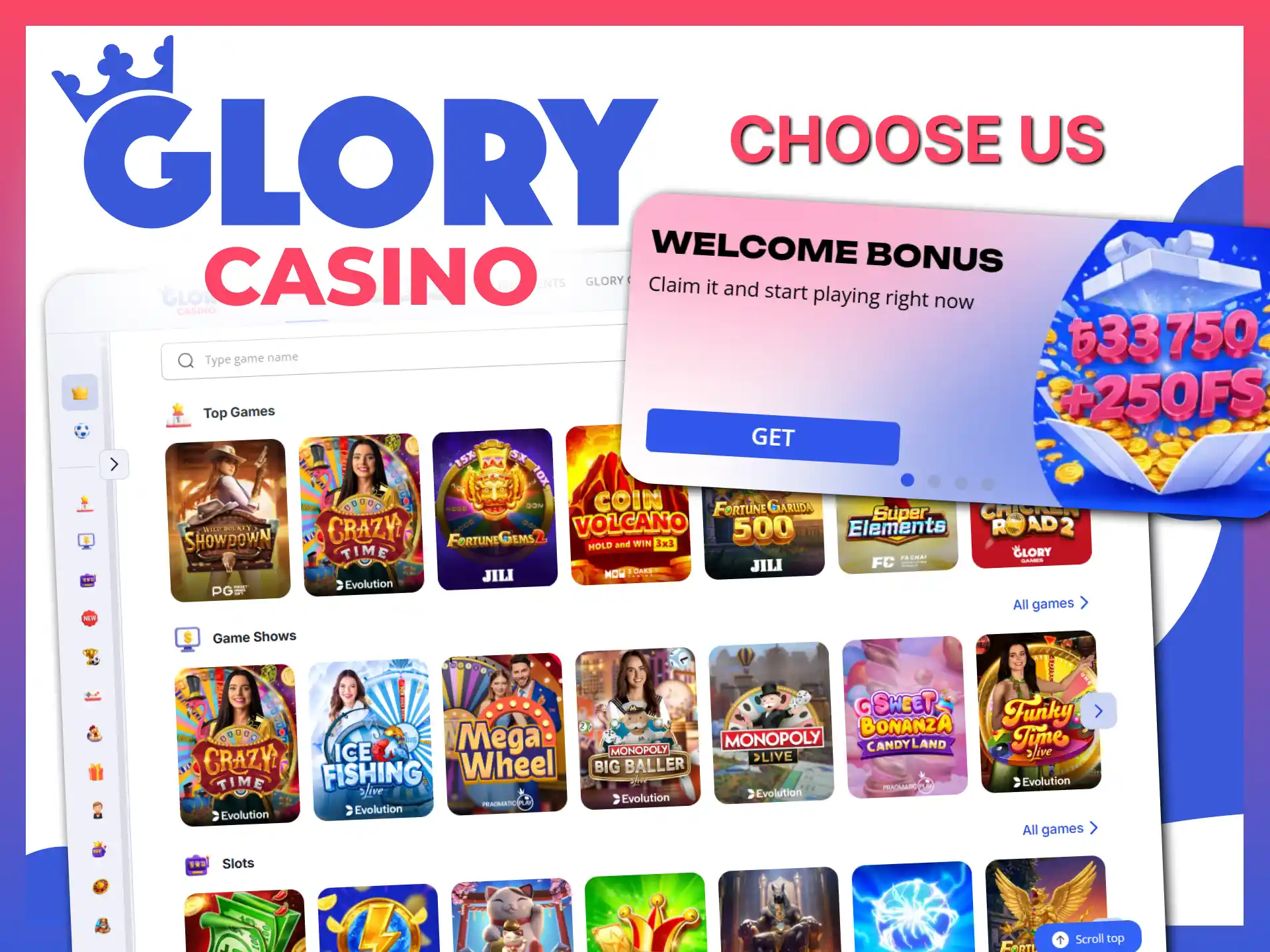 Choose Glory Casino to bet on and get big wins.