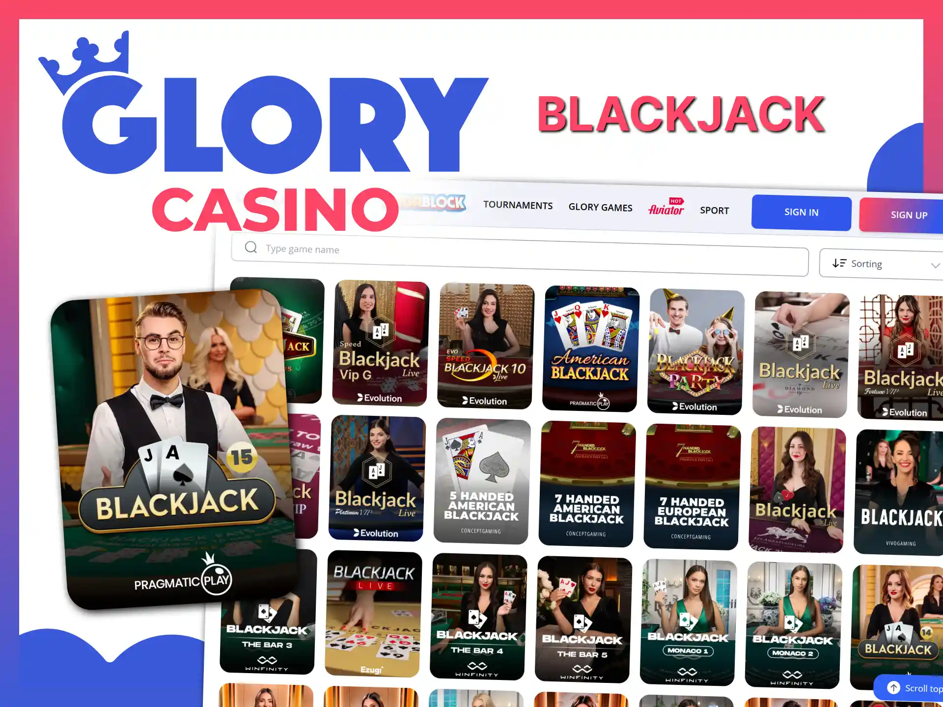 Beat the dealer in live Blackjack at Glory Casino to double your wins.